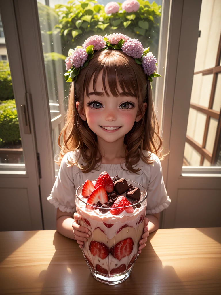 The best picture quality, a delicious looking parfait of strawberries and chocolate in a tall glass on the table, a 5 year old laughing and eating parfait, a happy smile, the best smile, a very pretty , amazingly very large shining eyes, long eyelashes, chestnut hair, a neat ,friendly and bright smile, hydrangea blooming outside the window,