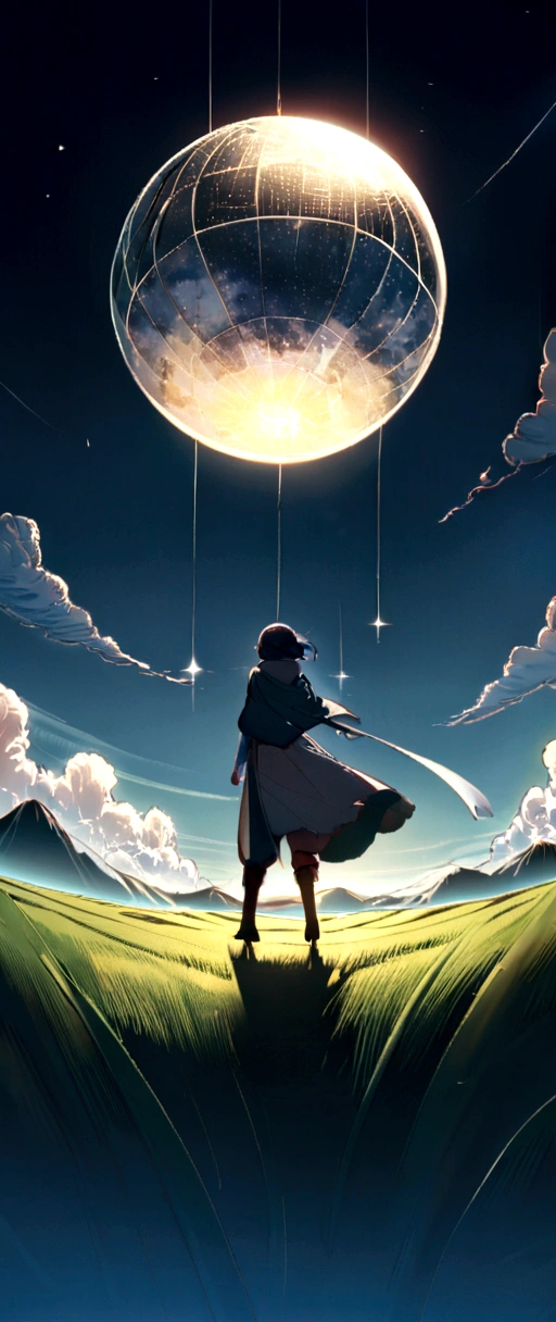 A giant mirror ball floating in space, Flickering Light, Sad hamster died (A tall mountain々A heaven like a green field surrounded by clouds:1.3), Airborne particles, God&#39;s Rays, Background Stars, Complex fractals, detailed, (figure), masterpiece, High resolution, Highest quality.