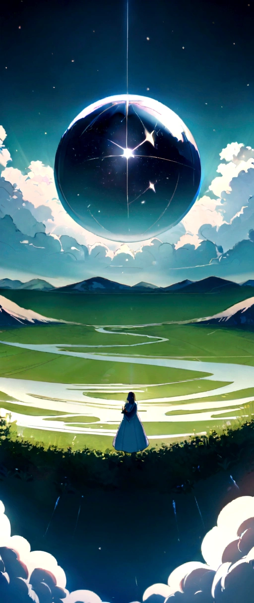 A giant mirror ball floating in space, Flickering Light, Sad hamster died (A tall mountain々A heaven like a green field surrounded by clouds:1.3), Airborne particles, God's Rays, Background Stars, Complex fractals, detailed, (figure), masterpiece, High resolution, Highest quality.