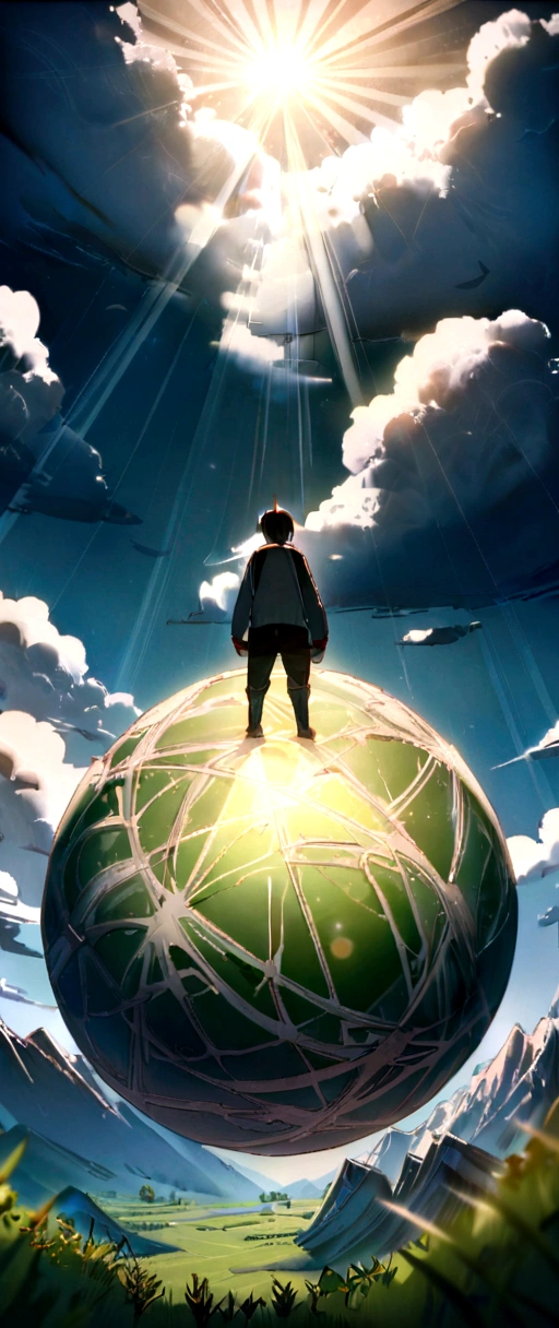A giant mirror ball floating in space, Flickering Light, Sad hamster died (A tall mountain々A heaven like a green field surrounded by clouds:1.3), Airborne particles, God's Rays, Background Stars, Complex fractals, detailed, (figure), masterpiece, High resolution, Highest quality.