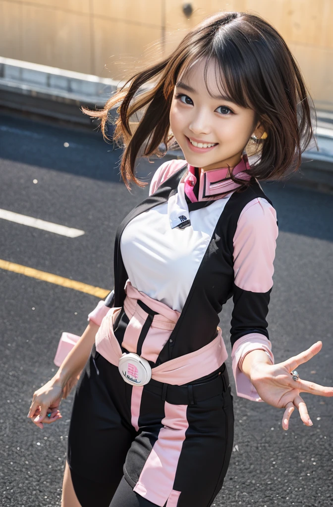 (8K、Raw photography、Highest quality、masterpiece:1.2),(Black Hair、Dark Eyes:1.9),(Wearing a pink and white uniform:1.6)、View your audience,Viewed from the front,White skin,(:1.4)、(Tight waist:1.6)、(Clothes that accentuate the shape of the breasts:1.0)、(Big Breasts :1.3)、Slim figure、Ultra-high resolution,beautiful,beautiful fece,(One person、No background:1.9),whole bodyボディー,Japanese women,(reality的:1.37)、Photon Mapping,reality、(Baby-faced and cute: 1.4)、(Cute Smile: 1.8)、(Round face: 1.8)、Radio City、Physically Based Rendering、Depth of field rally background、photograph, (I can see your knees、Thigh close-up:1.8),(:1.6),whole body、Great quality