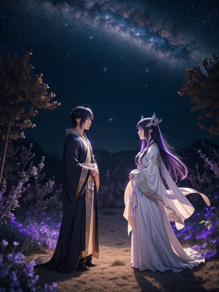 Under a star-filled sky, Orihime and Hikoboshi stand on opposite sides of the shimmering Milky Way, their eyes meeting with a sense of longing and love. The night is illuminated by a soft, ethereal glow, with delicate hues of blue and purple blending into the darkness. Surrounding them are twinkling stars, glowing mist, and mystical constellations, creating a magical and otherworldly atmosphere. Both characters are dressed in traditional celestial robes adorned with intricate patterns, adding to the enchantment of the scene."