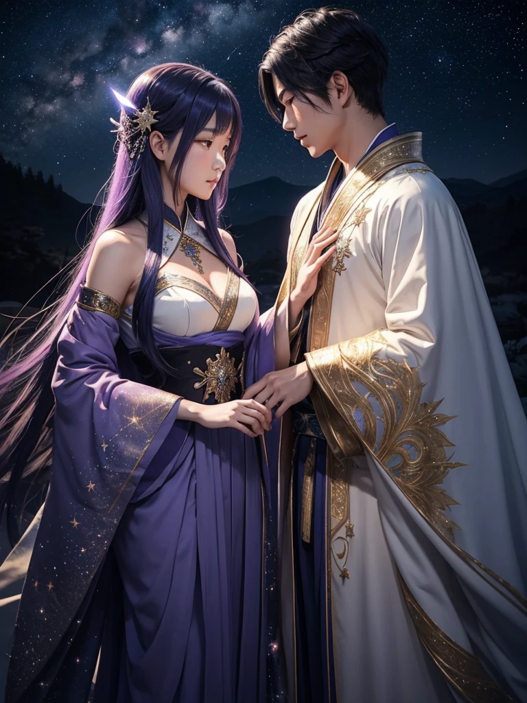Under a star-filled sky, Orihime and Hikoboshi stand on opposite sides of the shimmering Milky Way, their eyes meeting with a sense of longing and love. The night is illuminated by a soft, ethereal glow, with delicate hues of blue and purple blending into the darkness. Surrounding them are twinkling stars, glowing mist, and mystical constellations, creating a magical and otherworldly atmosphere. Both characters are dressed in traditional celestial robes adorned with intricate patterns, adding to the enchantment of the scene."