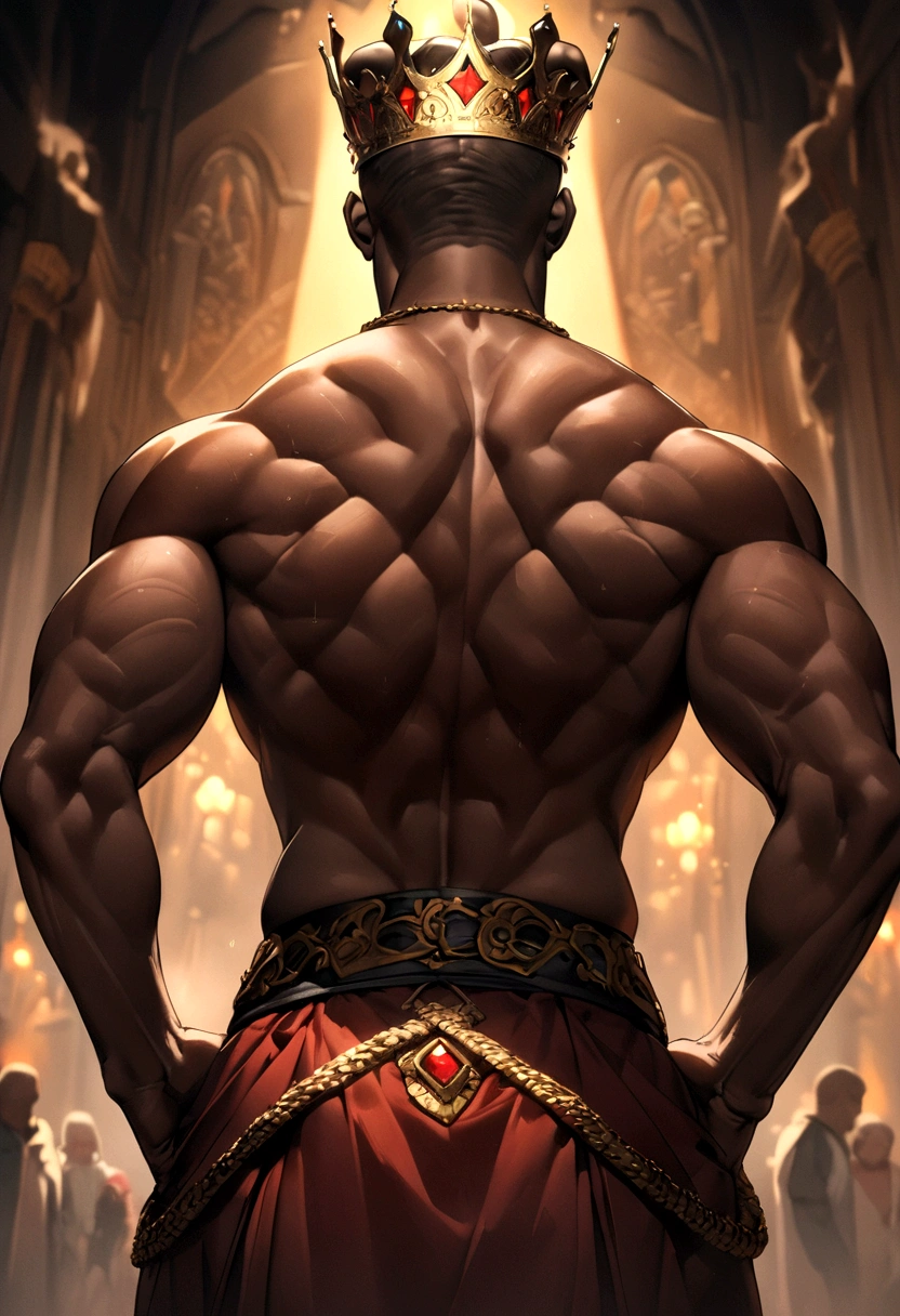 A black man with his back, sem T-shirt, wearing a gold crown and a red men&#39;s skirt