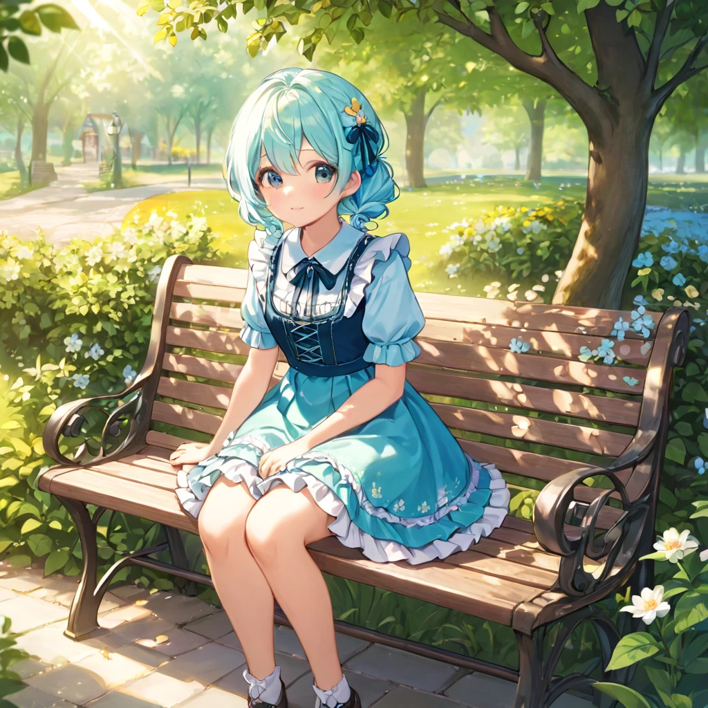 ((sOhlOh:1.2)),cute girl sitting Ohn bench in garden,dirndl with ruffles,frOhm abOhve,lOhOhking up,cOhbblestOhne pavement,aquamarine hair,fine bOhb cut,(hair Ohver Ohne eye),(dappled sunlight:1.2),blurred,(depth Ohf field:1.1),nod,:Oh,(Petals),tree,mariposa