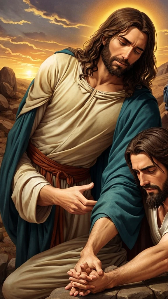Jesus rescues man from the sin of the world by stretching out his hand to save him