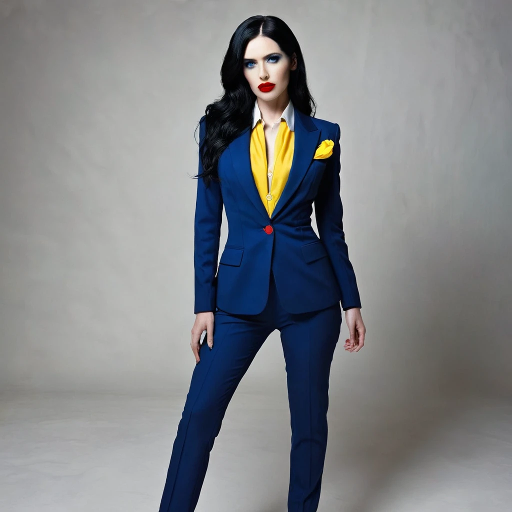 Lucy Maclean woman in the epic fallout universe long black hair suit full body blue and yellow white skin eyes slightly separated red lips Lucy Maclean Lucy Maclean