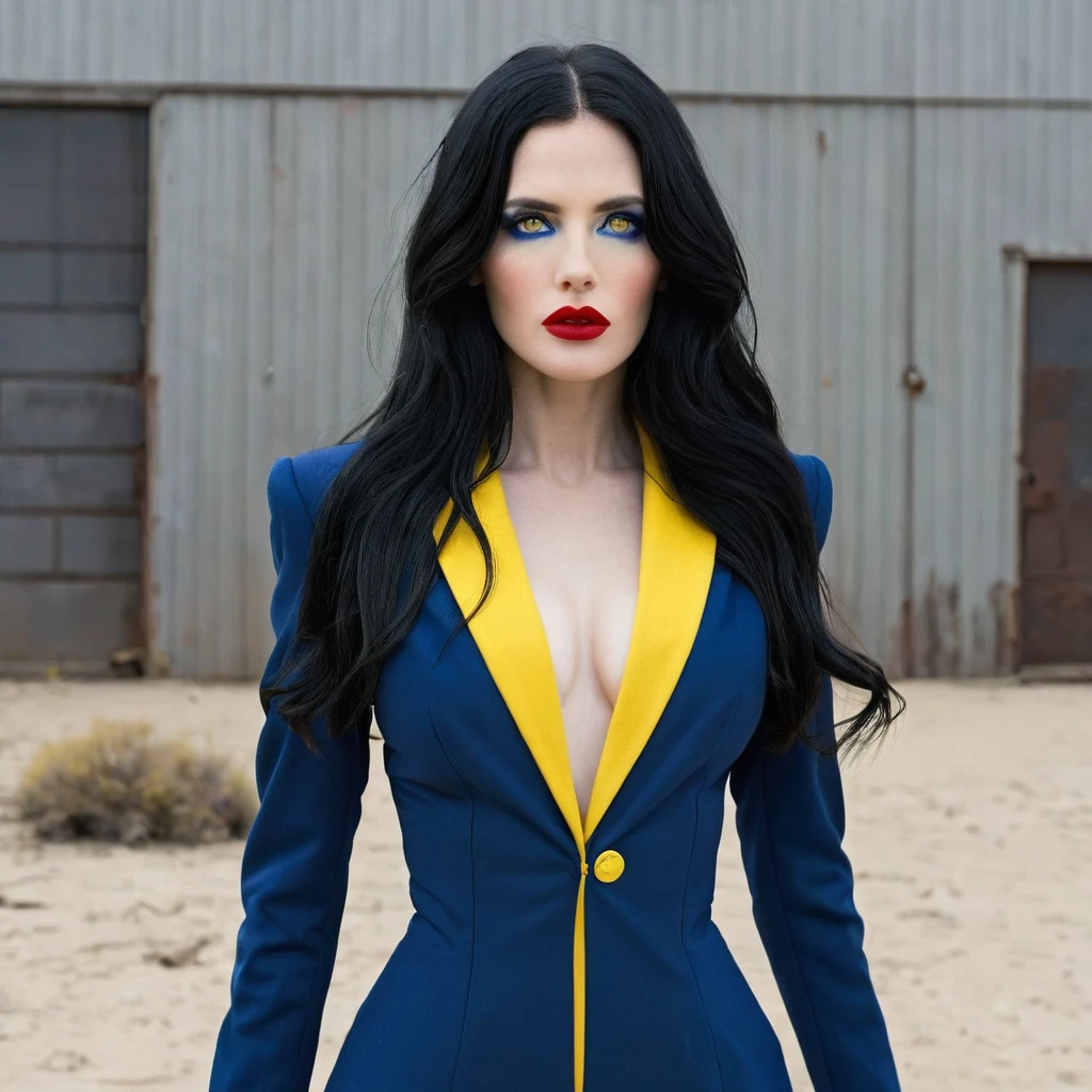 Lucy Maclean woman in the epic fallout universe long black hair suit full body blue and yellow white skin eyes slightly separated red lips Lucy Maclean Lucy Maclean 