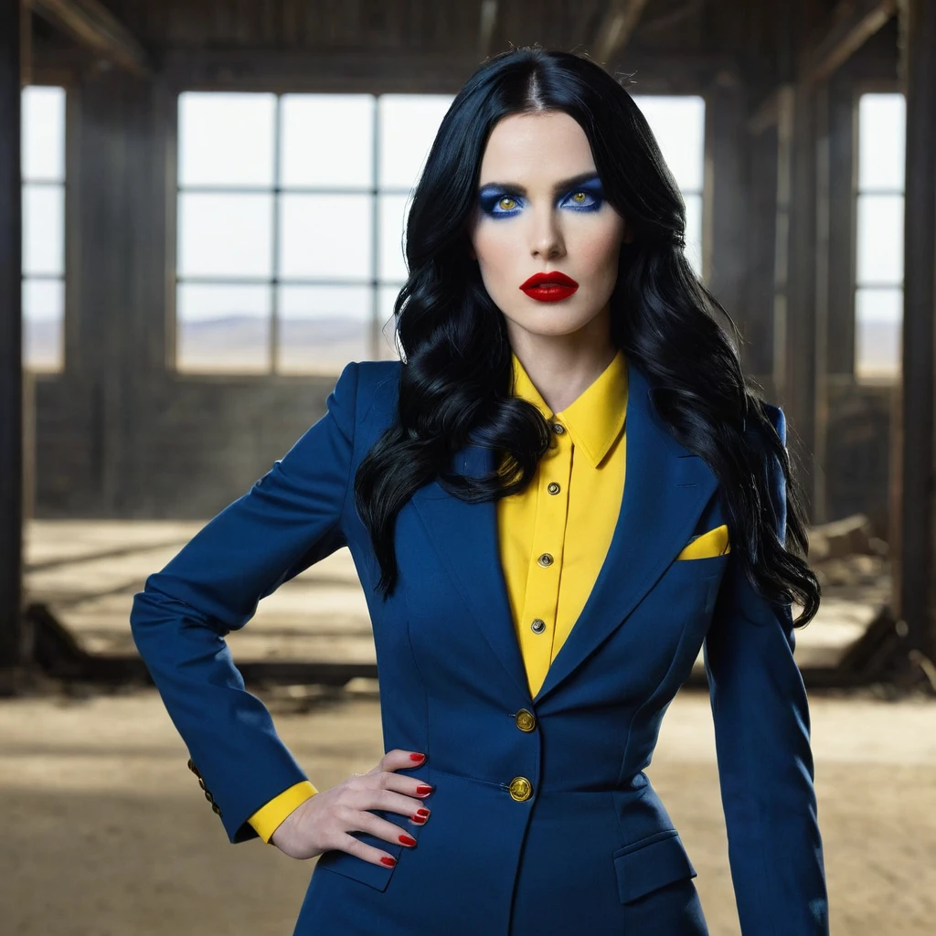 Lucy Maclean woman in the epic fallout universe long black hair suit full body blue and yellow white skin eyes slightly separated red lips Lucy Maclean Lucy Maclean