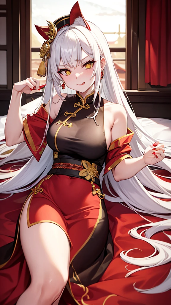 A female empress, white-haired, with yellow eyes, red nails, with notable physical characteristics, mostrando os peitos, legs open showing pussy, with an angry face and a provocative look, mouth open with tongue out. Wearing traditional Chinese imperial clothing, decorated in gold with black details, with red Hanafuda earrings, with a short red skirt. Lying on a white bed in a hotel room with a sunset in the window in the background.