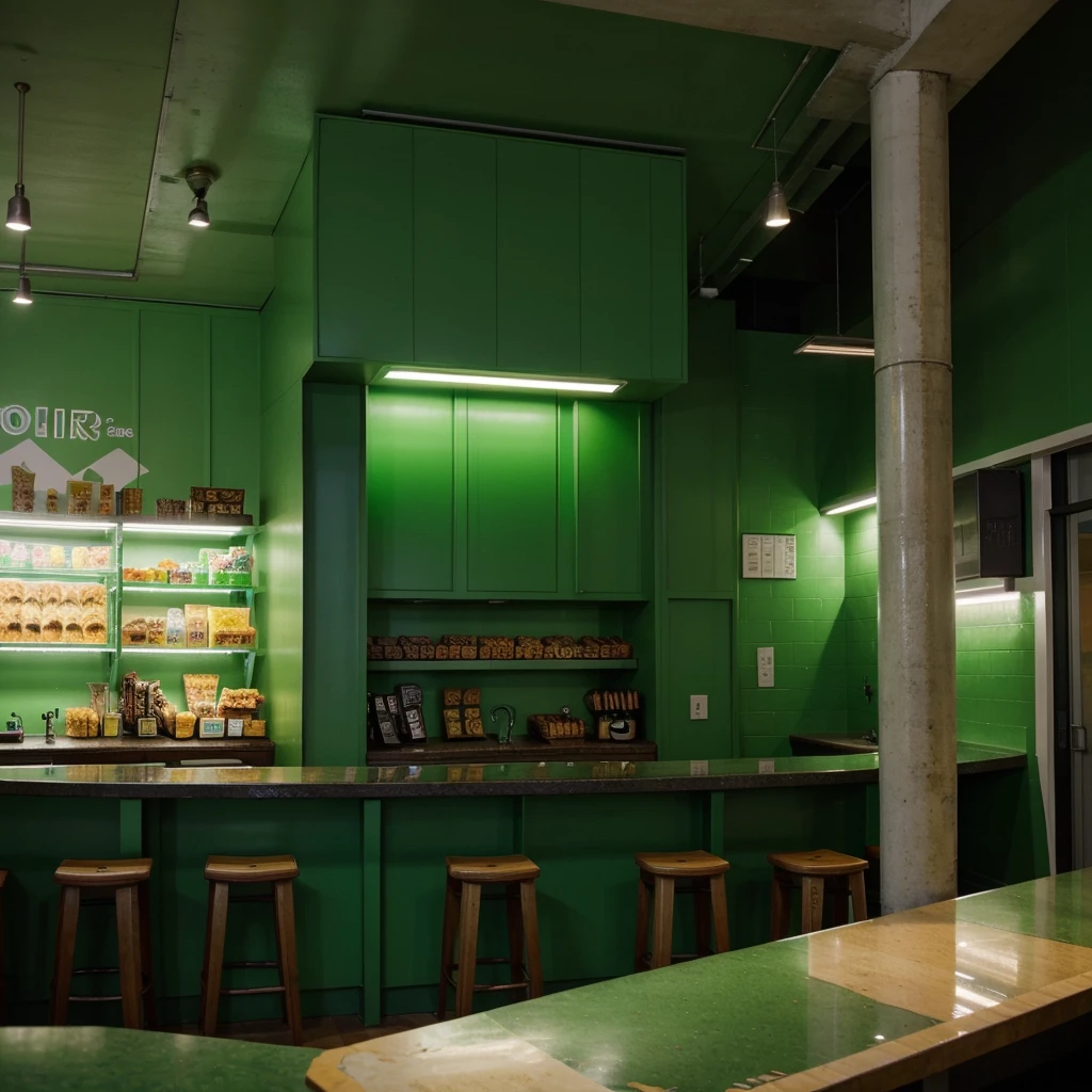 I need a picture of a very well decorated snack bar with modern architecture based on the color green with slightly dark lighting.