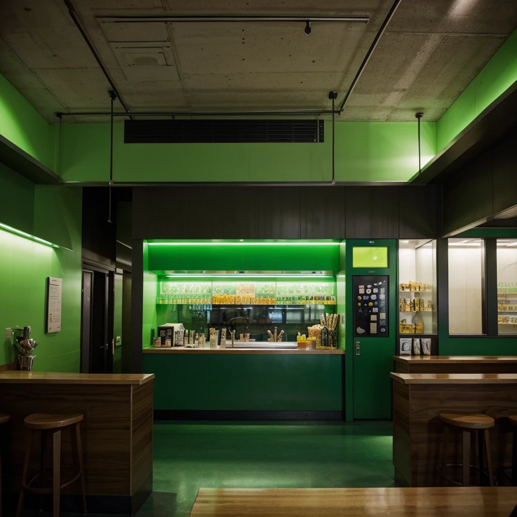 I need a picture of a very well decorated snack bar with modern architecture based on the color green with slightly dark lighting.