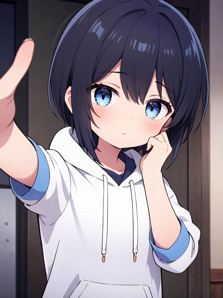1boy,chibi,hoodie,blue eye, black hair