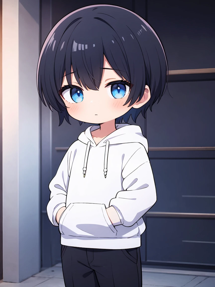 1boy,chibi,hoodie,blue eye, black hair
