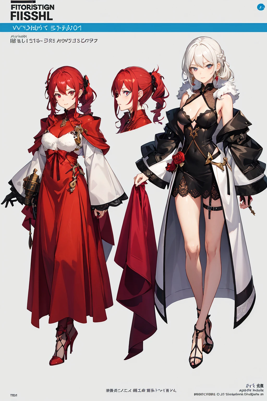 ((full body photo, standing, feet on the ground)) (masterpiece), best {1girl, girl, Slim Body, Thin Figure, soft makeup},{{{Full Body}}},{white Hair {Red Hair}},{Long Wavy Hair},{scarlet Eyes, detailed Eyes}, {{{Dressed in a Fantasy Red and Black lace dress with Skirt}}},{{High Fantasy Red and Black Corset Dress}},{{Combat Dress}},{{{{Skirt}}}},{{Light Armored Dress}},{{{white coat with fur details, Belts}}},{{lace stockings, Fishnets}},{{Red Stiletto High Heels, High Heels shoes}},{{High Red Stilettos}}, {Standing, Looking at Camera}, Unique creative character design,{{{Solo Girl}}}, character sheet, concept art, color,{{{{{{{White Background}}}}}}},{{Masterpiece, vivid colors,bright Colors}},{{Highly Detailed Face, Beautiful Eyes}}quality, expressive eyes, perfect face