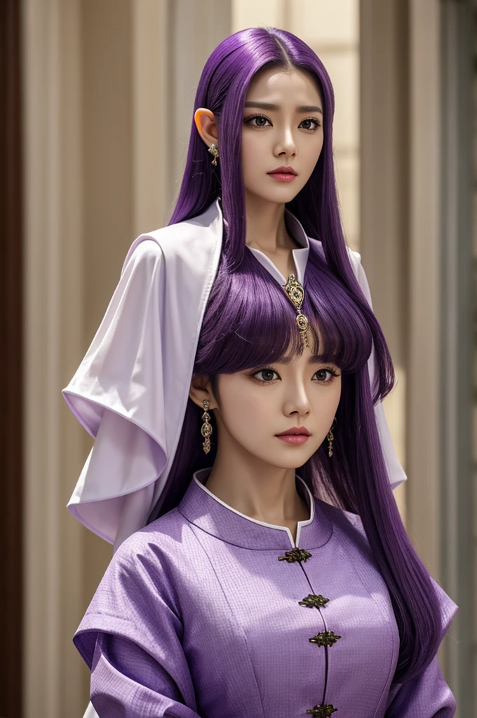 Kdramas, woman honey eyes, pointy ears, normal lips, PURPLE HAIR, slim, tez blanca, clothes from the time of the inquisition