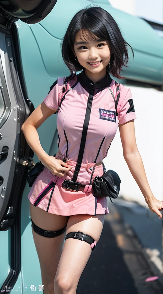 (8K、Raw photography、Highest quality、masterpiece:1.2),(Black Hair、Dark Eyes:1.9),(Wearing a pink and white uniform:1.6)、View your audience,Viewed from the front,White skin,(:1.4)、(Tight waist:1.6)、(Clothes that accentuate the shape of the breasts:1.0)、(Big Breasts :1.3)、Slim figure、Ultra-high resolution,beautiful,beautiful fece,(One person、No background:1.9),whole bodyボディー,Japanese women,(reality的:1.37)、Photon Mapping,reality、(Baby-faced and cute: 1.4)、(Cute Smile: 1.8)、(Round face: 1.8)、Radio City、Physically Based Rendering、Depth of field rally background、photograph, (I can see your knees、Thigh close-up:1.8),(:1.6),whole body、Great quality