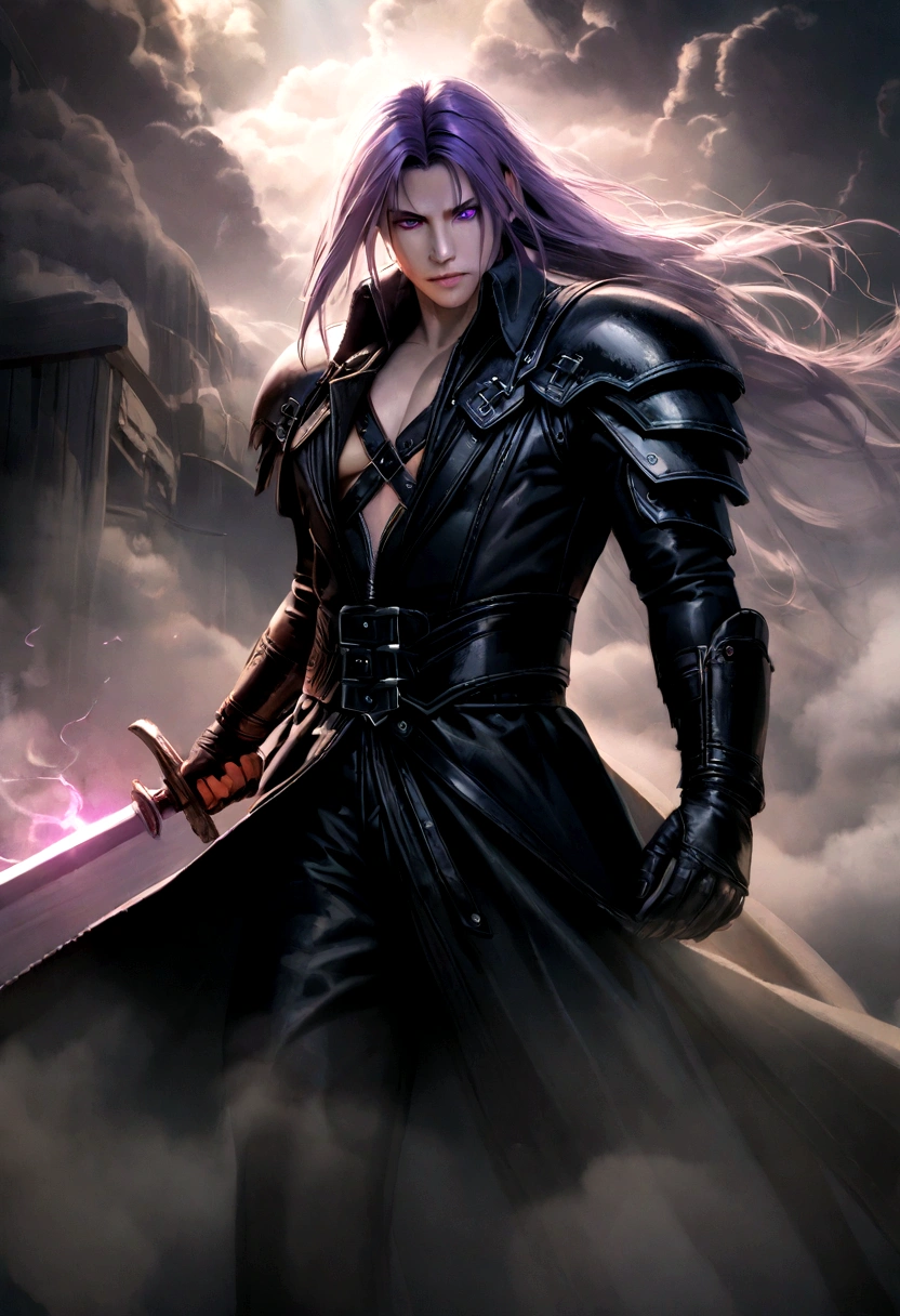 sephiroth from final fantasy vii remake,shoulder-length dark purple hair,lavender eyes,detailed face,dramatic lighting,ethereal,cinematic,digital painting,fantasy,dramatic,intense expression,powerful,muscular,wearing dark clothing,long sword,epic scale,photorealistic,ultra-detailed,cinematic composition,dramatic shadows,moody color palette,glowing magical energy,mist and fog effect