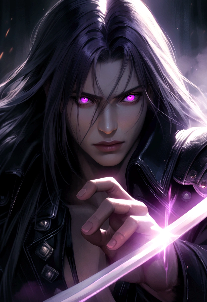 sephiroth from final fantasy vii remake,shoulder-length dark purple hair,lavender eyes,detailed face,dramatic lighting,ethereal,cinematic,digital painting,fantasy,dramatic,intense expression,powerful,muscular,wearing dark clothing,long sword,epic scale,photorealistic,ultra-detailed,cinematic composition,dramatic shadows,moody color palette,glowing magical energy,mist and fog effect