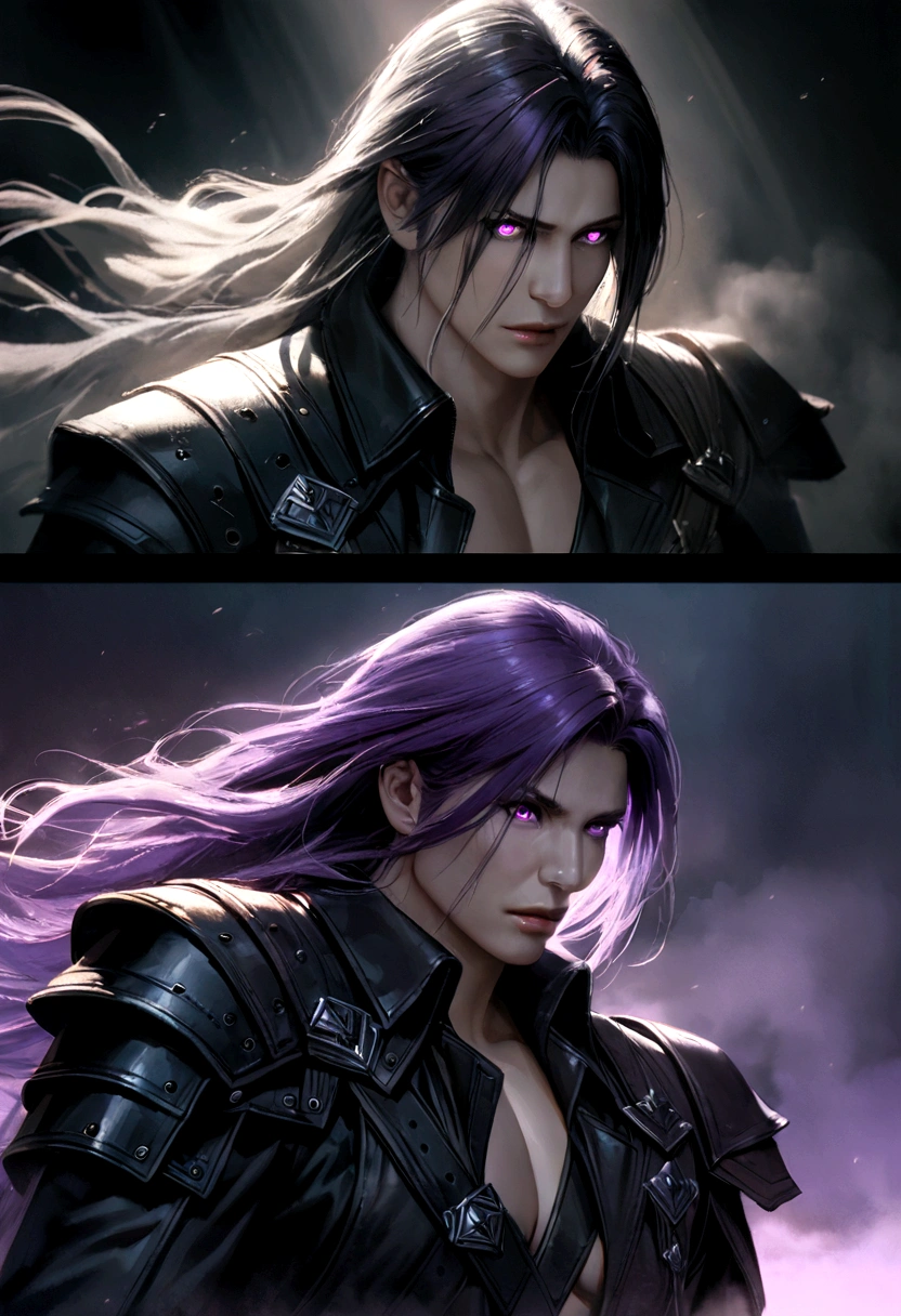 sephiroth from final fantasy vii remake,shoulder-length dark purple hair,lavender eyes,detailed face,dramatic lighting,ethereal,cinematic,digital painting,fantasy,dramatic,intense expression,powerful,muscular,wearing dark clothing,long sword,epic scale,photorealistic,ultra-detailed,cinematic composition,dramatic shadows,moody color palette,glowing magical energy,mist and fog effect