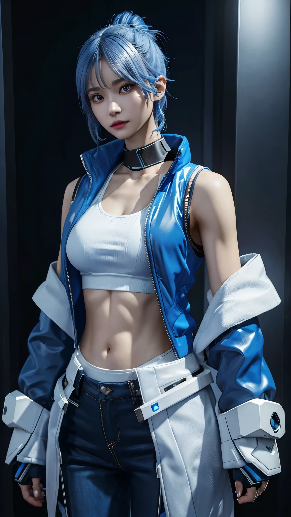 Prepare to be amazed by this unique 3D rendering of a female character, with a futuristic aesthetic that will transport you to another world. Her blue jacket and white tank top are just the beginning, as her visible gadget on her hip showcases her advanced technology and sets her apart from the rest.