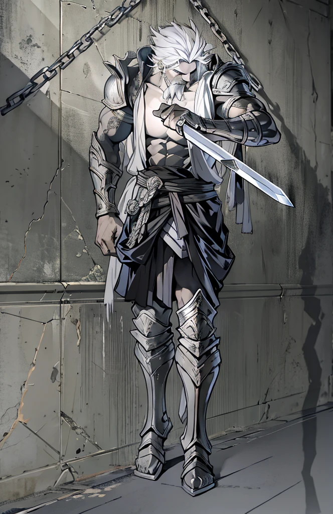 Zeus barricaded against a wall, sword through his chest