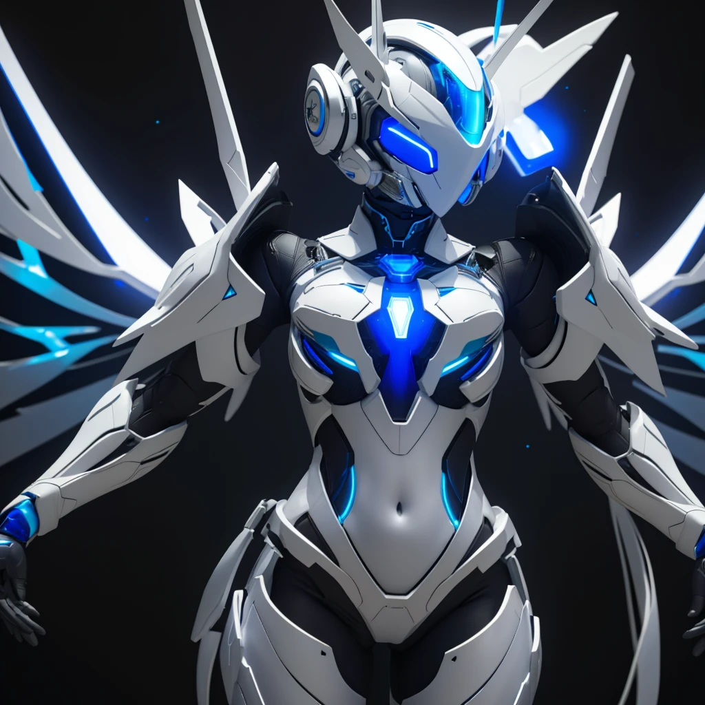 Dronificated unknown girl (10 years old) in a fully enclosed white latex fullbody suit with blue lights across the suit and star shaped glowing core in the chest, fully enclosed cyber helmet that cover her whole face and hides her identity with a blue screen that has a white star, flat chest, narrow waist, open Mechanical wings, underwater, no face, no hair, no mouth, no eyes, (perfect anatomy)