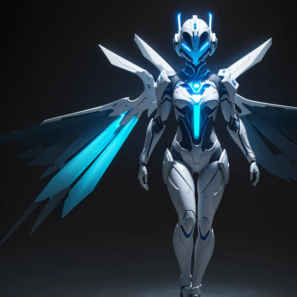 Dronificated unknown girl (10 years old) in a fully enclosed white latex fullbody suit with blue lights across the suit and star shaped glowing core in the chest, fully enclosed cyber helmet that cover her whole face and hides her identity with a blue screen that has a white star, flat chest, narrow waist, open Mechanical wings, underwater, no face, no hair, no mouth, no eyes, (perfect anatomy)
