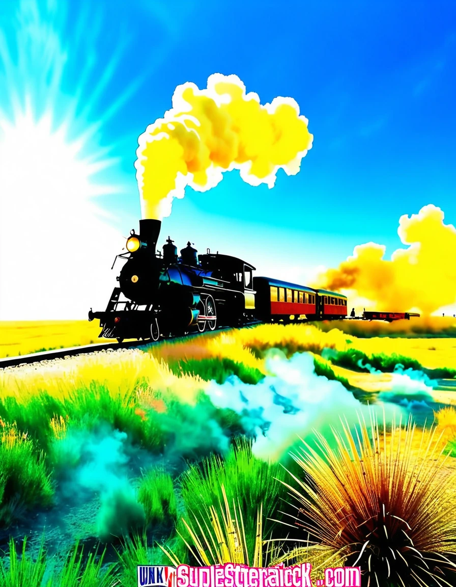 wild west 1800 diamond stack steam engine and train moving through open grassland. ((masterpiece)), ((best quality)), ((highres)), ((extremely detailed)), ((close shot, back view)), (super realistic) . open field. bright sunny sky