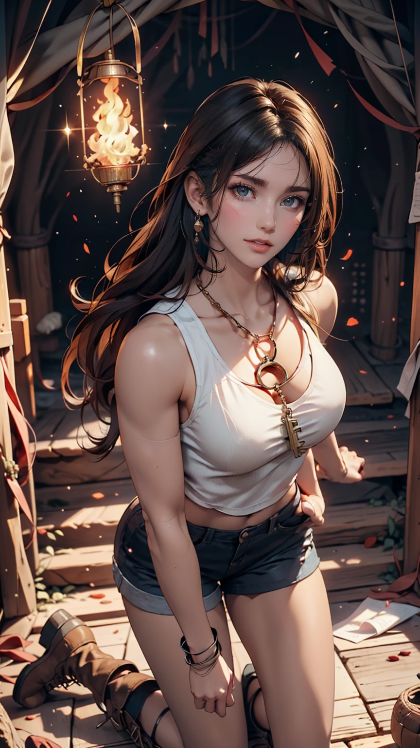 Standing at the top of an observation deck in an underground cave、Create a realistic image of Lara Croft discovering the golden key。. Lara is wearing her classic Tomb Raider outfit: Light blue tank top, Cargo shorts, Sturdy boots. She is illuminated by the light of the golden key, Casts flickering shadows on the cave walls. The caves are full of intricate carvings, Ancient symbols, and Stalactites hanging from the ceiling. Lara is kneeling and bending over., Open the door with the golden key. Golden key detailed. Perfect Face, Super detailedな顔, perfect brown eyes, Beautiful Face, Perfect Anatomy. Further details: background: Intricately carved underground caves, Ancient symbols, Stalactites, Shadows cast by torch light. Lighting: Dark, at night, Flickering torch light illuminates the scene., Creates dramatic shadows and a mysterious atmosphere. (8K, RAW Photos, 最high quality, masterpiece:1.2),Super detailed, (Skin with attention to detail:1.2), 8K Ultra HD, Digital SLR, Soft lighting, high quality、Sexy proportions、Sexy、Narrow waist