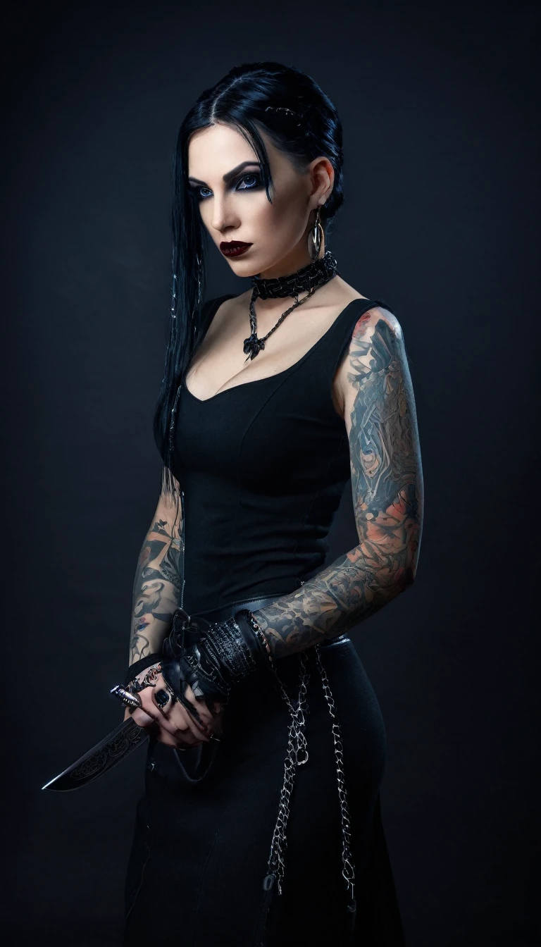 A seductive woman with a knife and a tattoo on her arm, cyberpunk dark fantasy, gothcore, gothic - cyberpunk, iron horrors, villainess, gothic horror vibes, androgynous vampire, female vampire warrior, gothic art, lilith, female vampire, dominatrix, goth aesthetics, vampire girl, badass pose, gothic fantasy art, (best quality,4k,8k,highres,masterpiece:1.2),ultra-detailed,(realistic,photorealistic,photo-realistic:1.37),highly detailed face, piercing eyes, full lips, sharp facial features, pale skin, black hair, black outfit, leather, chains, glowing eyes, dramatic lighting, moody atmosphere, rich colors, cinematic composition
