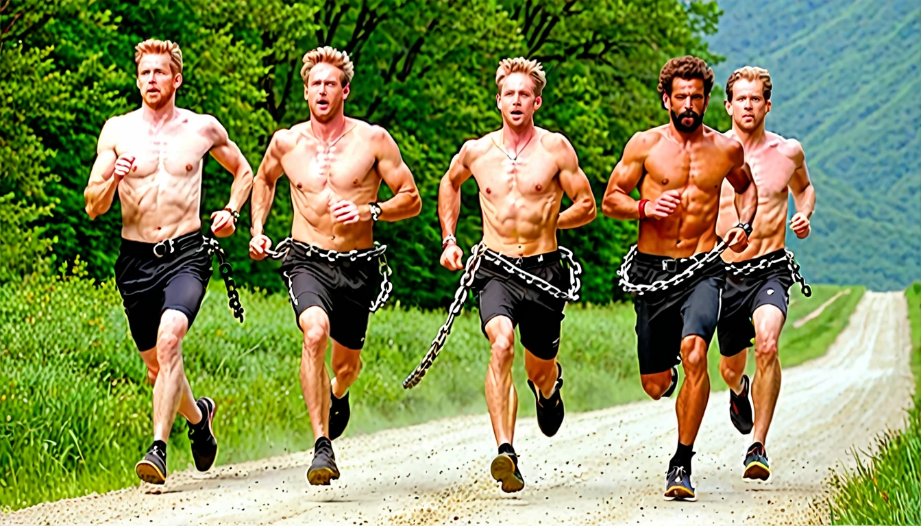 4 white men chained at the waist running (chains pass between men's waists, men behind with gray clothes, 1 man forward highlighted detailed, chemise, simple torn clothes and bare feet,