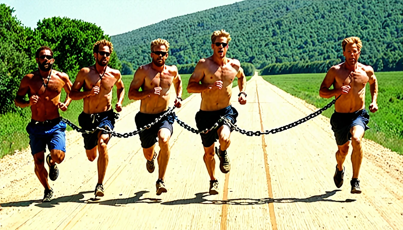 4 white men chained at the waist running (chains pass between men's waists, men behind with gray clothes, 1 man forward highlighted detailed, chemise, simple torn clothes and bare feet,