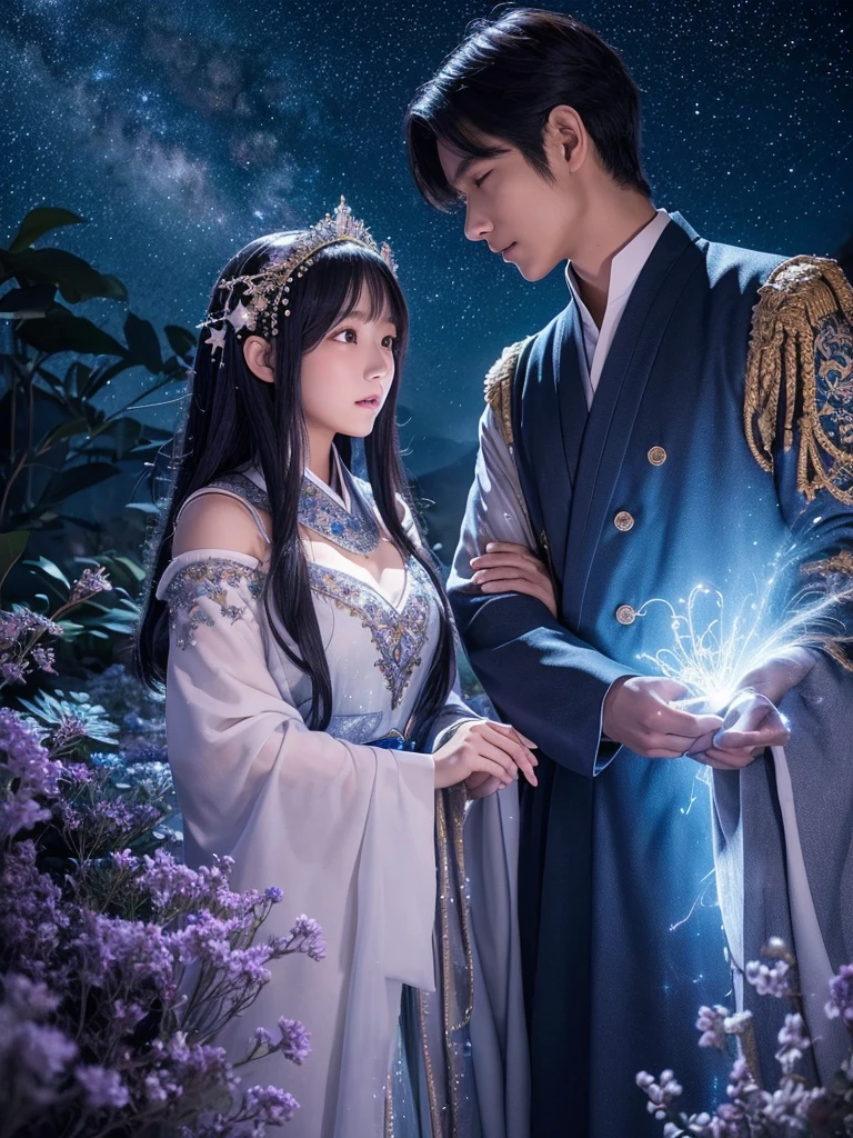 Under a star-filled sky, Orihime and Hikoboshi stand on opposite sides of the shimmering Milky Way, their eyes meeting with a sense of longing and love. The night is illuminated by a soft, ethereal glow, with delicate hues of blue and purple blending into the darkness. Surrounding them are twinkling stars, glowing mist, and mystical constellations, creating a magical and otherworldly atmosphere. Both characters are dressed in traditional celestial robes adorned with intricate patterns, adding to the enchantment of the scene."