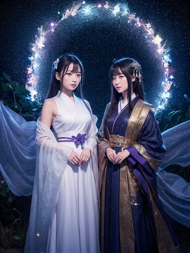 Under a star-filled sky, Orihime and Hikoboshi stand on opposite sides of the shimmering Milky Way, their eyes meeting with a sense of longing and love. The night is illuminated by a soft, ethereal glow, with delicate hues of blue and purple blending into the darkness. Surrounding them are twinkling stars, glowing mist, and mystical constellations, creating a magical and otherworldly atmosphere. Both characters are dressed in traditional celestial robes adorned with intricate patterns, adding to the enchantment of the scene."