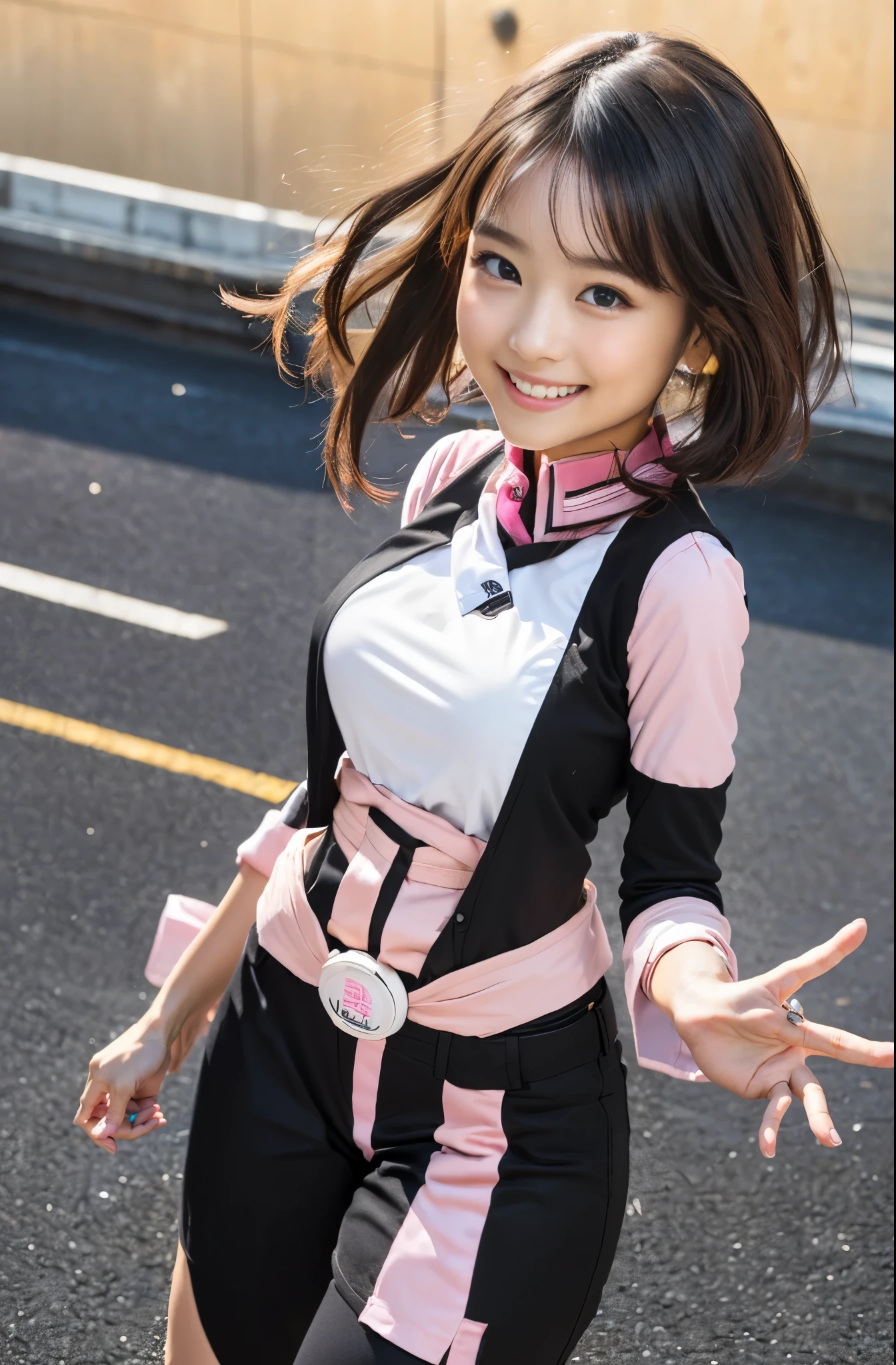 (8K、Raw photography、Highest quality、masterpiece:1.2),(Black Hair、Dark Eyes:1.9),(Wearing a pink and white uniform:1.6)、View your audience,Viewed from the front,White skin,(:1.4)、(Tight waist:1.6)、(Clothes that accentuate the shape of the breasts:1.0)、(Big Breasts :1.3)、Slim figure、Ultra-high resolution,beautiful,beautiful fece,(One person、No background:1.9),whole bodyボディー,Japanese women,(reality的:1.37)、Photon Mapping,reality、(Baby-faced and cute: 1.4)、(Cute Smile: 1.8)、(Round face: 1.8)、Radio City、Physically Based Rendering、Depth of field rally background、photograph, (I can see your knees、Thigh close-up:1.8),(:1.6),whole body、Great quality