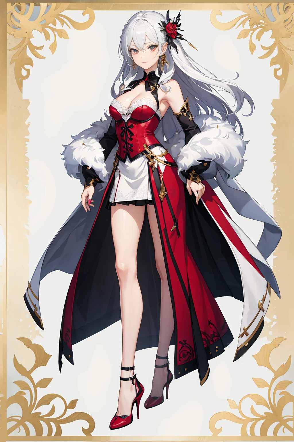 ((full body photo, standing, feet on the ground)) (masterpiece), best {1girl, girl, Slim Body, Thin Figure, soft makeup},{{{Full Body}}},{white Hair {Red Hair}},{Long Wavy Hair},{scarlet Eyes, detailed Eyes}, {{{Dressed in a Fantasy Red and Black lace dress with Skirt}}},{{High Fantasy Red and Black Corset Dress}},{{Combat Dress}},{{{{Skirt}}}},{{Light Armored Dress}},{{{white coat with fur details, Belts}}},{{lace stockings, Fishnets}},{{Red Stiletto High Heels, High Heels shoes}},{{High Red Stilettos}}, {Standing, Looking at Camera}, Unique creative character design,{{{Solo Girl}}}, character sheet, concept art, color,{{{{{{{White Background}}}}}}},{{Masterpiece, vivid colors,bright Colors}},{{Highly Detailed Face, Beautiful Eyes}}quality, expressive eyes, perfect face