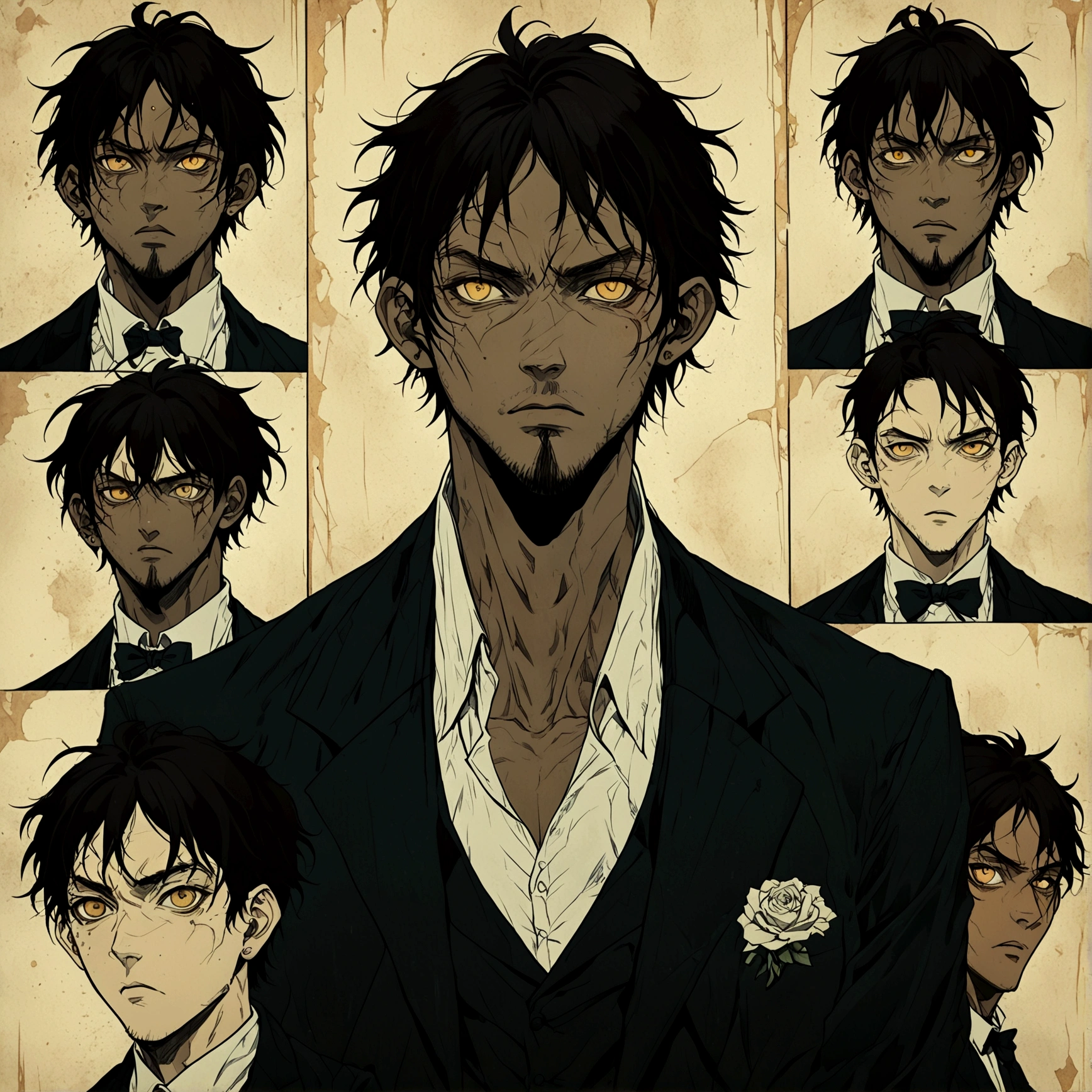 One adult male butler, athletic build, werewolf aesthetic, warm brown skin, yellow eyes, curly orange hair with black ends, Hair pushed back and set, warm and classy, various expressions and poses, pointy ears, scars on face, character poster, reference sheet, semi realistic illustration style, painterly anime style, high definition