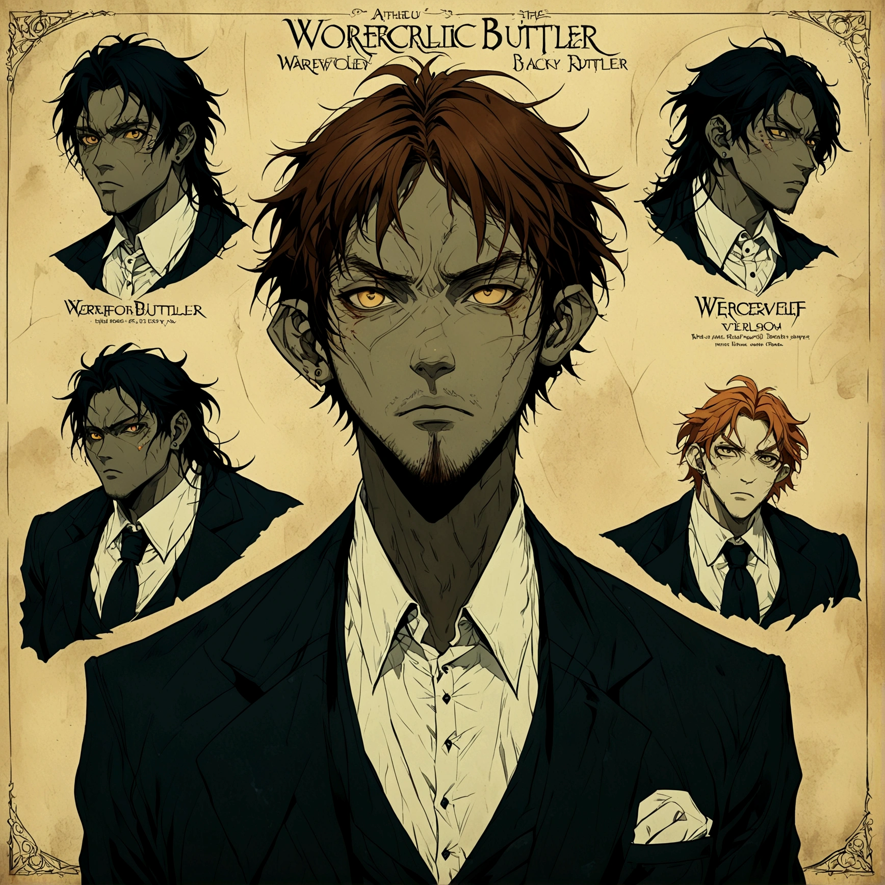 One adult male butler, athletic build, werewolf aesthetic, warm brown skin, yellow eyes, curly orange hair with black ends, Hair pushed back and set, warm and classy, various expressions and poses, pointy ears, scars on face, character poster, reference sheet, semi realistic illustration style, painterly anime style, high definition