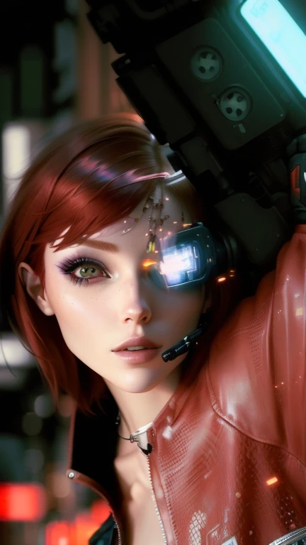 there is a redhead woman posing for a photo, Ultra-realistic 8K cyberpunk art, hyper-realistic cyberpunk style, Inspired by Ayami Kojima, The portrait of the cyberpunk girl, portrait beautiful science fiction girl, beautiful cyberpunk girl face, cyberpunk style , Hyper realistic, realistic hyperreal science fiction, portrait of max caulfield, 8k portrait rendering, photorealistic art style