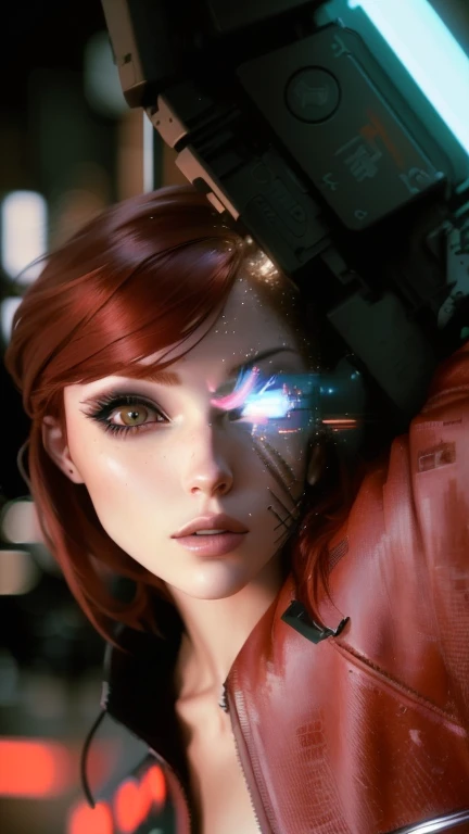 there is a redhead woman posing for a photo, Ultra-realistic 8K cyberpunk art, hyper-realistic cyberpunk style, Inspired by Ayami Kojima, The portrait of the cyberpunk girl, portrait beautiful science fiction girl, beautiful cyberpunk girl face, cyberpunk style ， Hyper realistic, realistic hyperreal science fiction, portrait of max caulfield, 8k portrait rendering, photorealistic art style