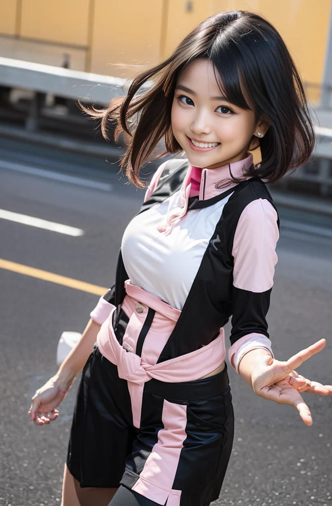 （8K、Raw photography、Highest quality、masterpiece：1.2),(Black Hair、Dark Eyes:1.9),(Wearing a pink and white uniform:1.6)、View your audience,Viewed from the front,White skin,(:1.4)、(Tight waist:1.6)、(Clothes that accentuate the shape of the breasts:1.0)、(Big Breasts :1.3)、Slim figure、Ultra-high resolution,beautiful,beautiful fece,(One person、No background:1.9),whole bodyボディー,Japanese women,（reality的：1.37）、Photon Mapping,reality、(Baby-faced and cute: 1.4)、(Cute Smile: 1.8)、(Round face: 1.8)、Radio City、Physically Based Rendering、Depth of field rally background、photograph, (I can see your knees、Thigh close-up:1.8),（:1.6）,whole body、Great quality