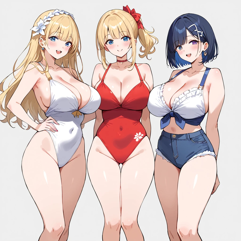 masterpiece, best quality, simple background, random hairstyle, large breasts,  summer outfit, 3 girls,
