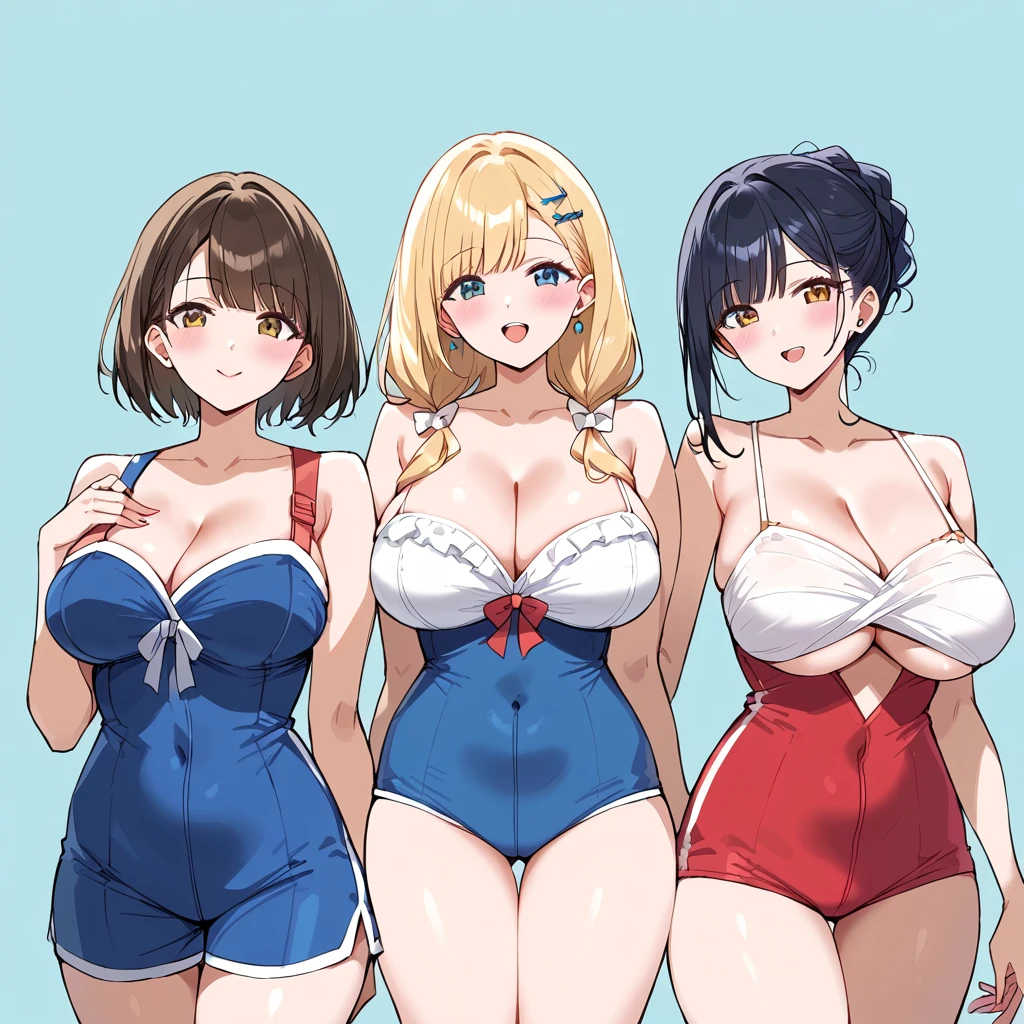 masterpiece, best quality, simple background, random hairstyle, large breasts,  summer outfit, 3 girls,
