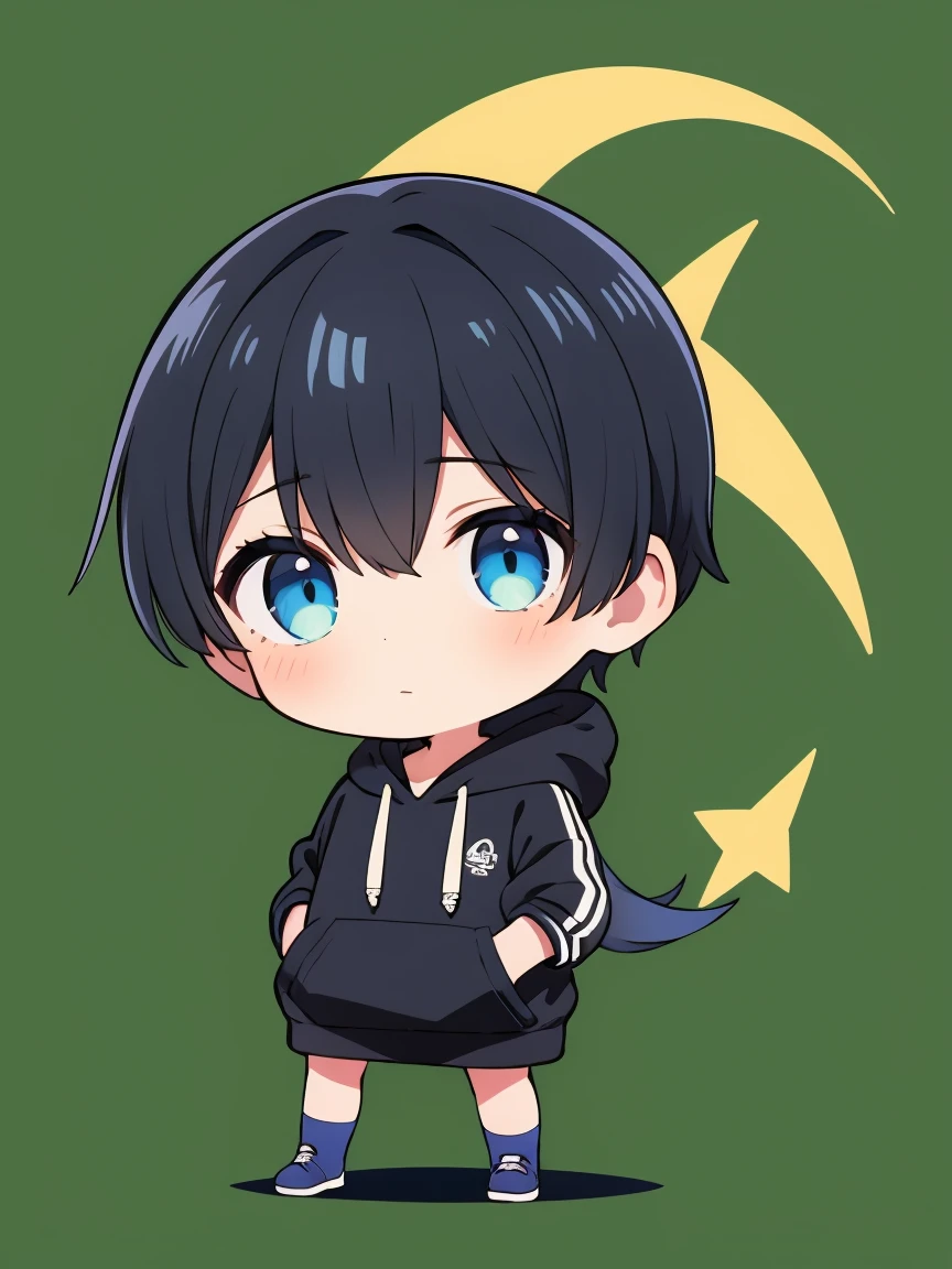 1boy,chibi,hoodie,blue eye, black hair,full body,green background