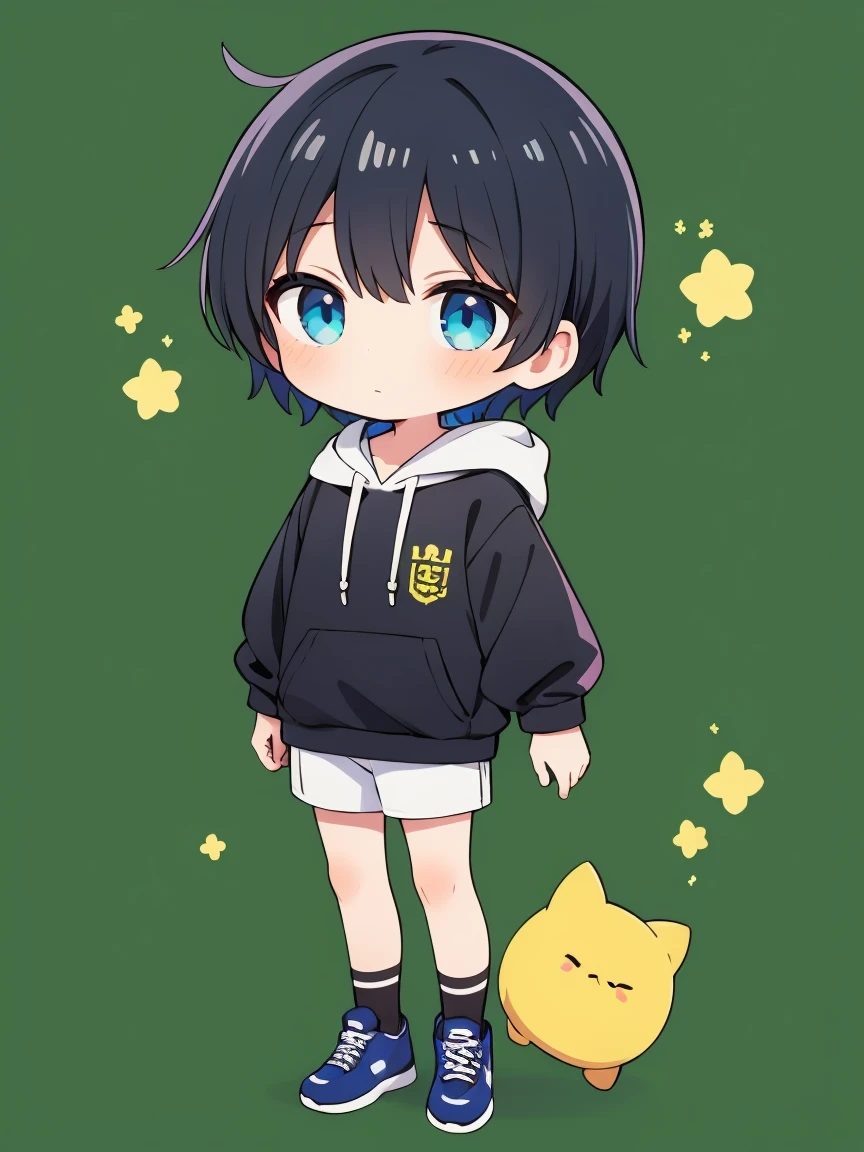 1boy,chibi,hoodie,blue eye, black hair,full body,green background