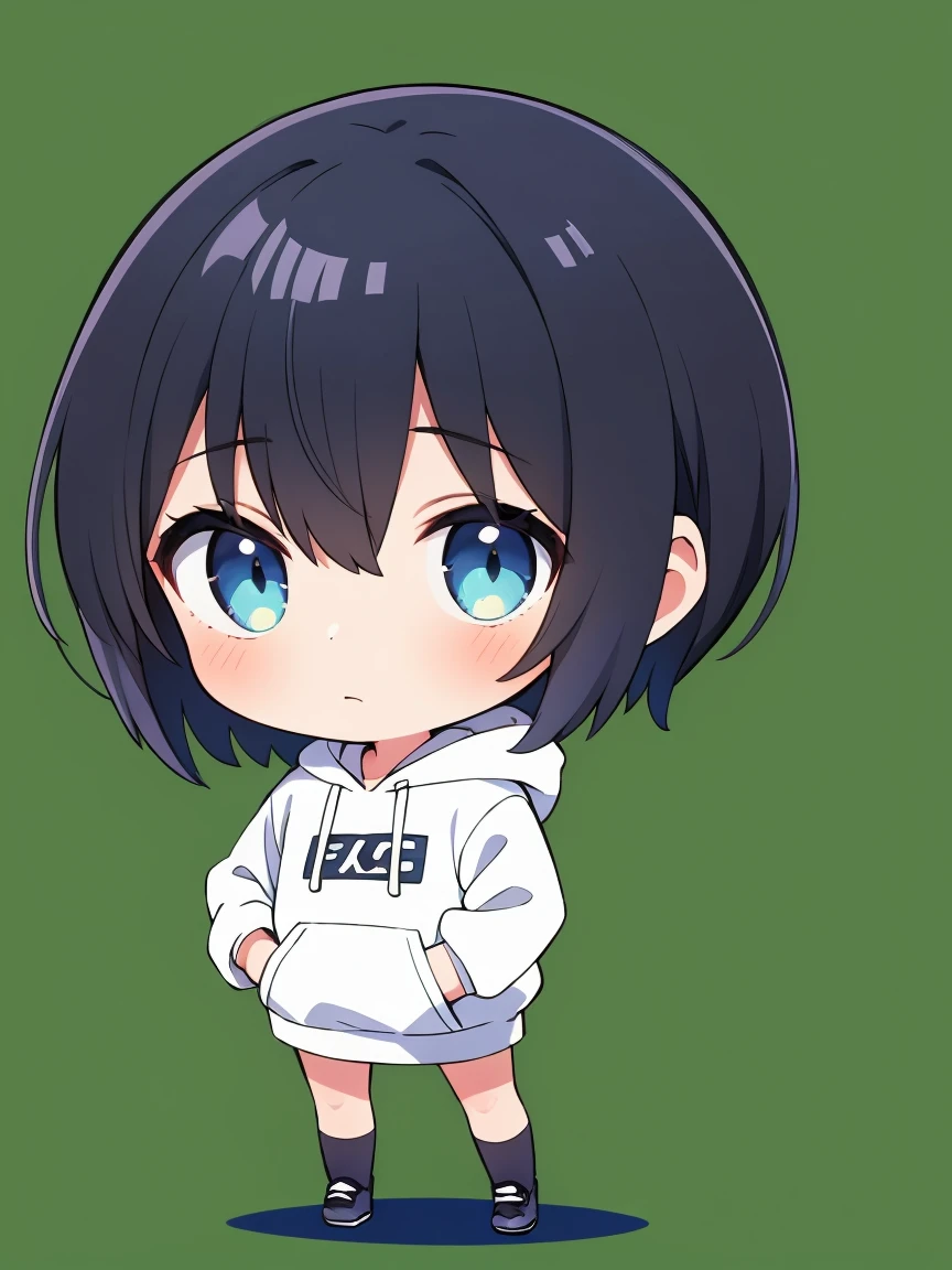 1boy,chibi,hoodie,blue eye, black hair,full body,green background