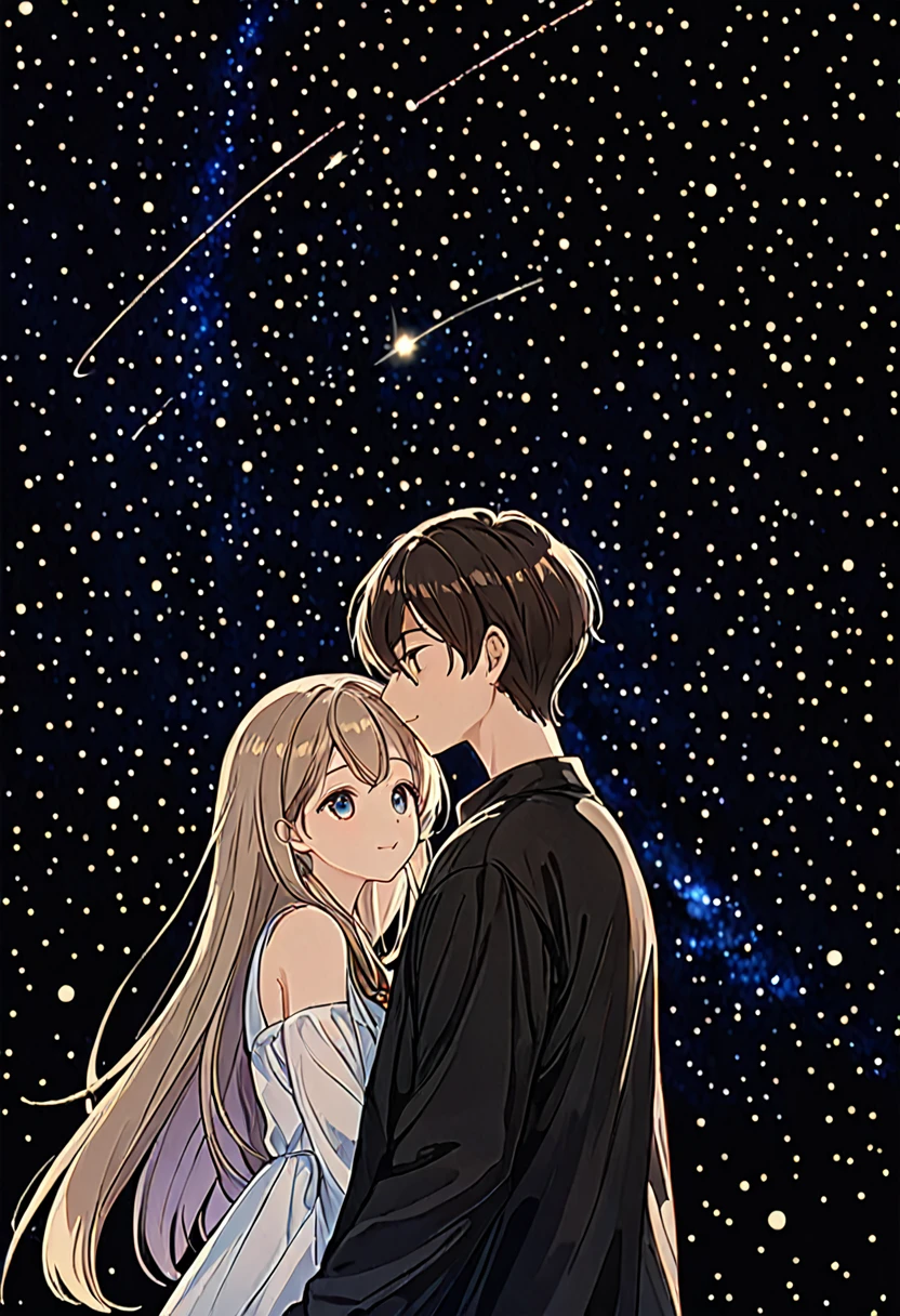 they are поцелуи in front of a galaxy ночью, поцелуи together cutely, couple поцелуи, They are in love, taken at night, Space in the background, boy and girl