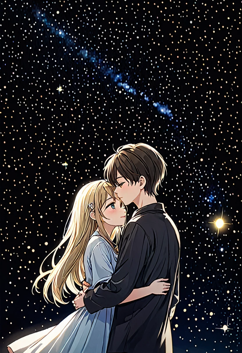 they are поцелуи in front of a galaxy ночью, поцелуи together cutely, couple поцелуи, They are in love, taken at night, Space in the background, boy and girl