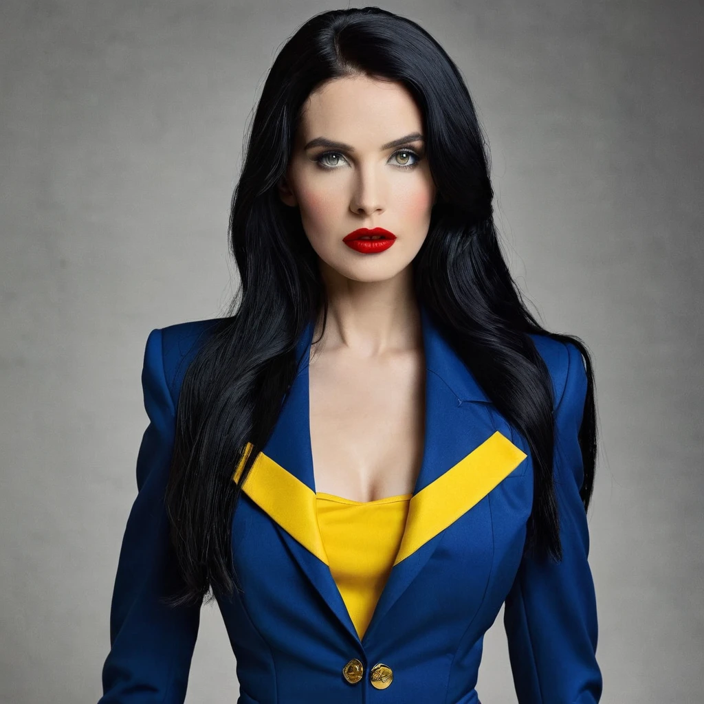 Lucy Maclean woman in the epic fallout universe long black hair suit full body blue and yellow red lips Lucy Maclean Lucy Maclean 